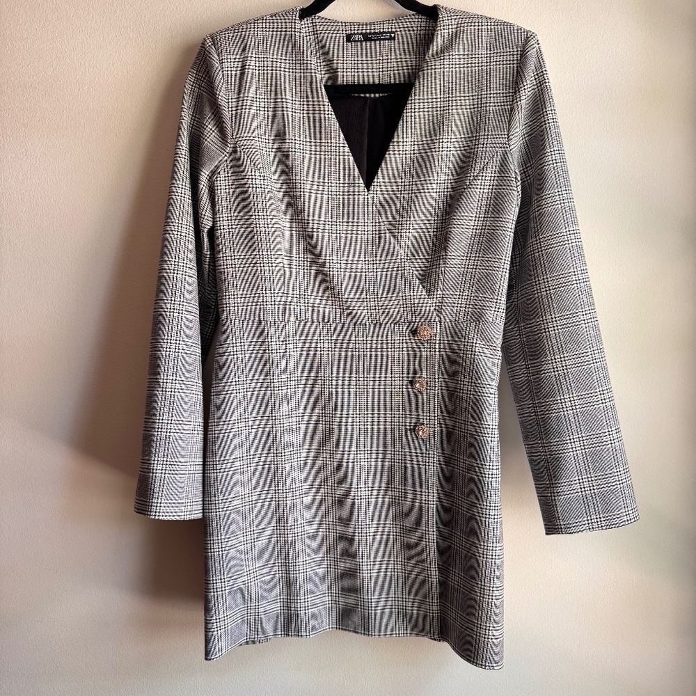ZARA Women's Plaid Black & White Blazer Dress Size Medium M Professional Career